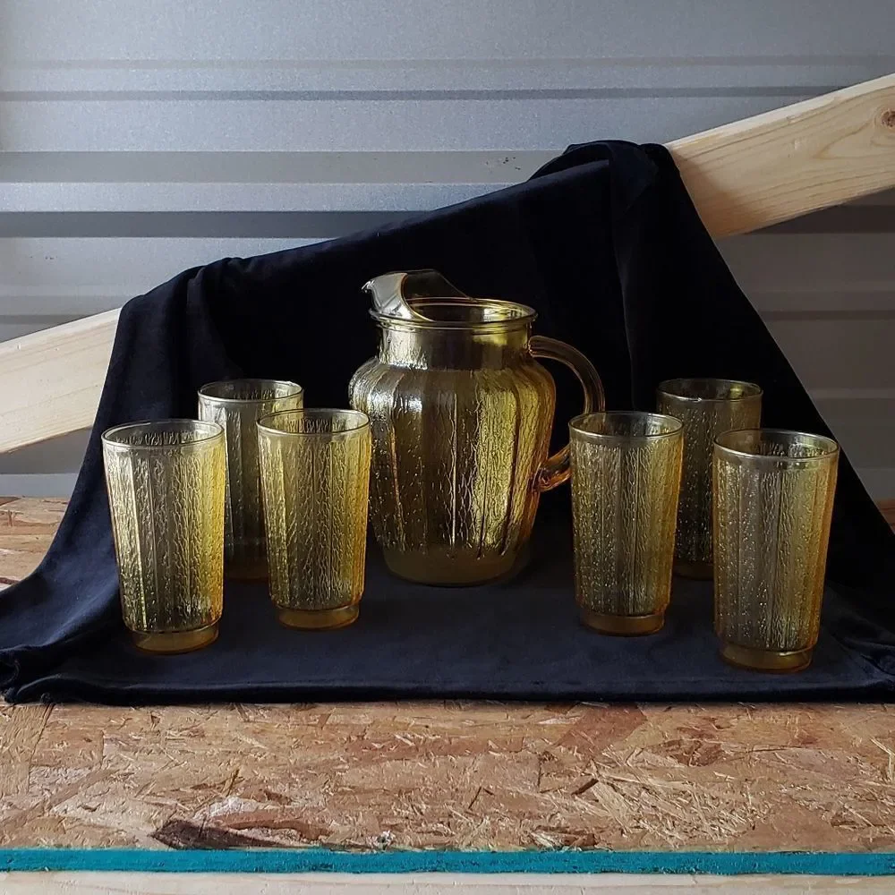 Pretty Vintage Textured Gold Pitcher and 6 Glasses